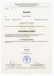 Schweißtechniker gemäß EN ISO 14731 Andreas Mayer